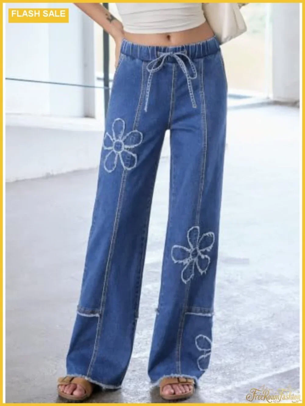 Y2K Wide Leg High Waist Baggy Jeans Stretchy Drawstring Floral Denim Pants